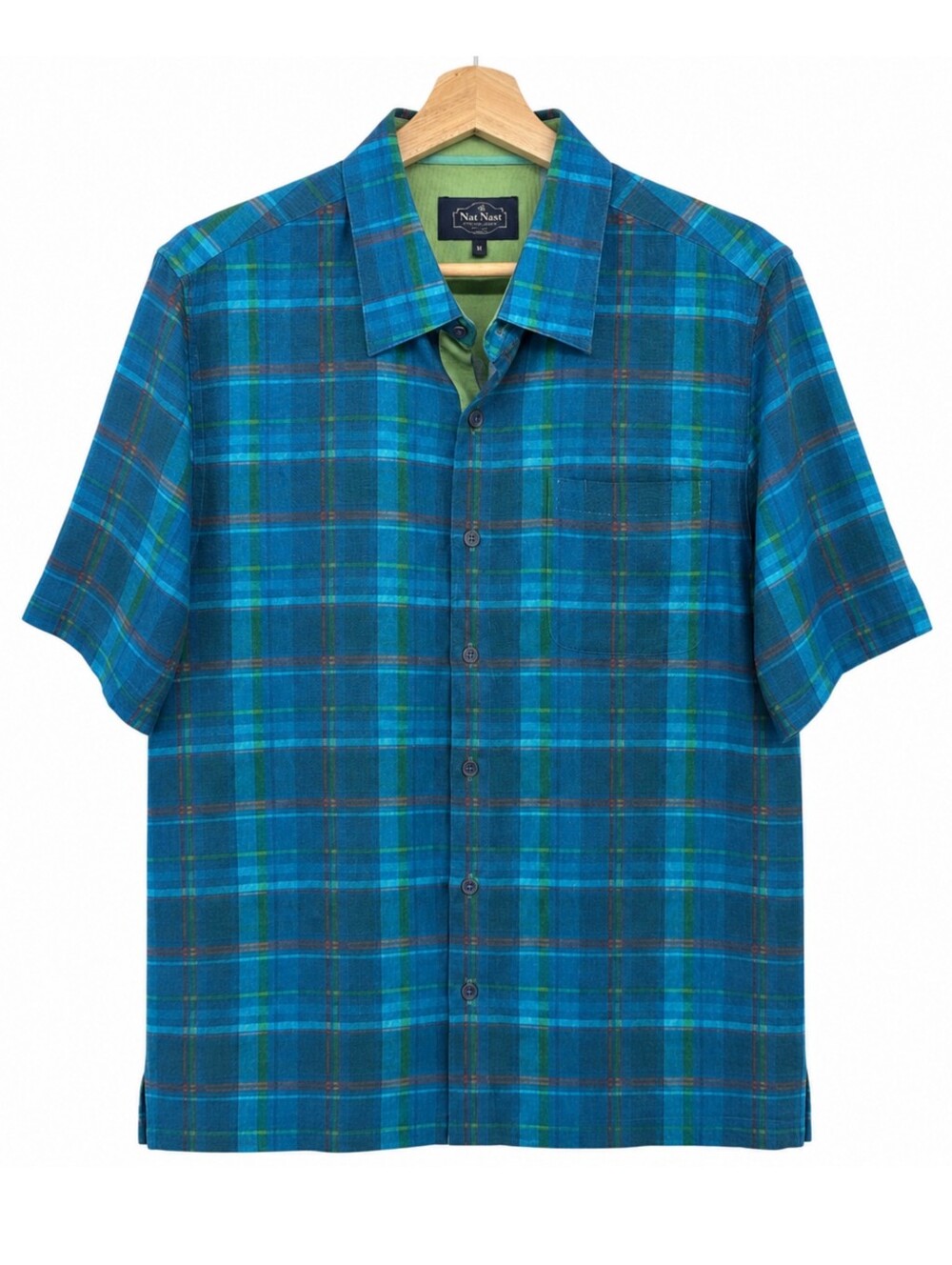 Nat Nast Cotton Silk Linen Camp Shirt Plaid Blue Green Short Sleeve Mens Medium